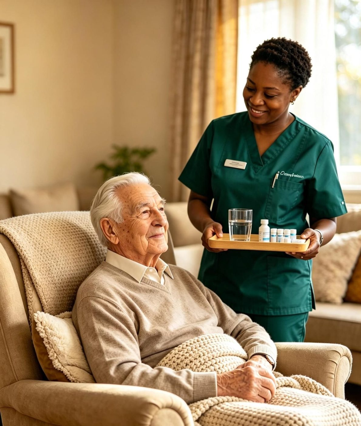 Care worker bringing medication to an elderly man