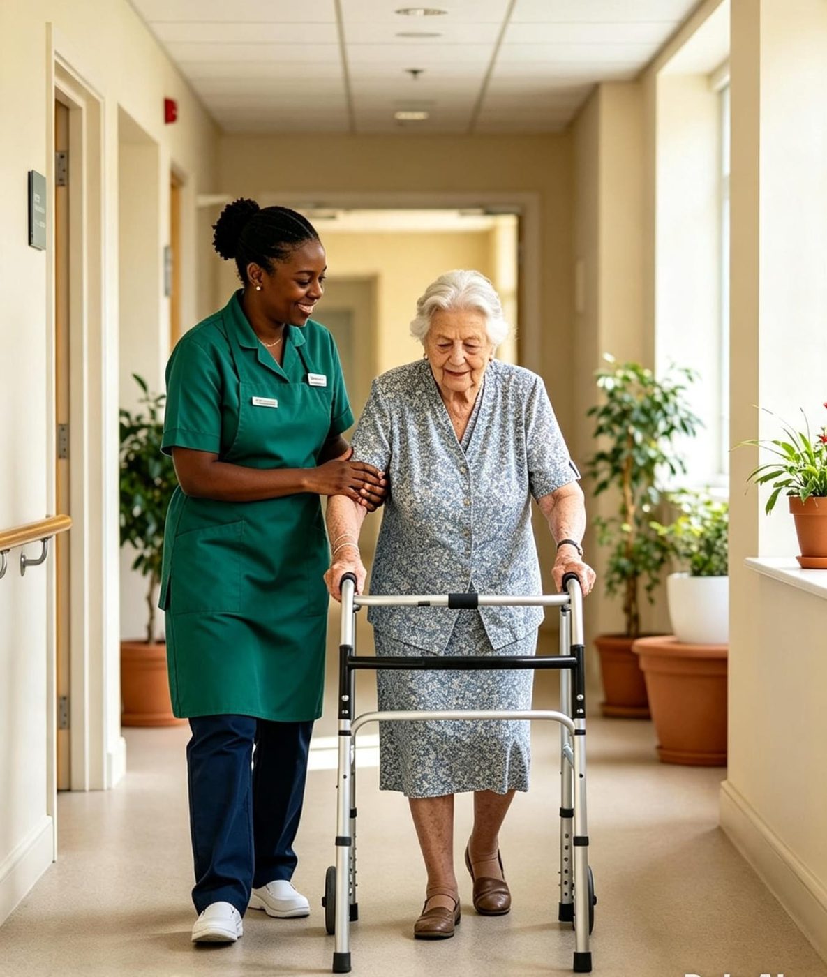 Care worker helping an elderly woman with a walking frame
