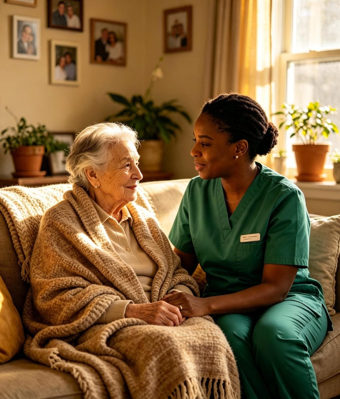 A care worker in green scrubs sitting with an elderly woman wrapped in a blanket