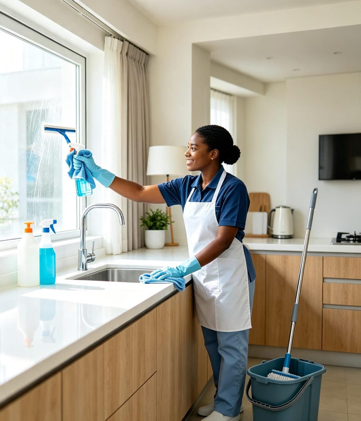 Domestic worker cleaning a kitchen