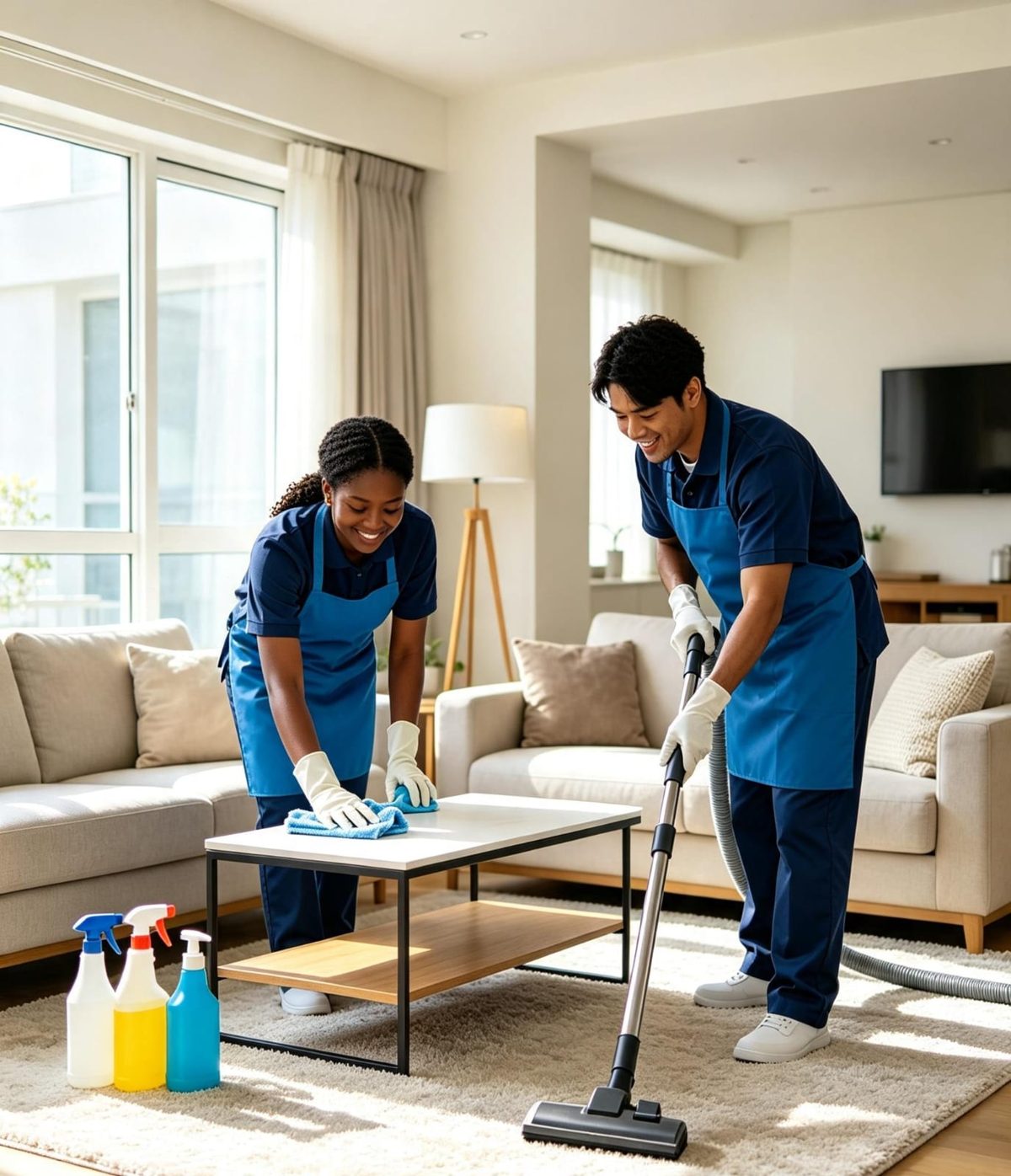Two domestic workers cleaning a lounge