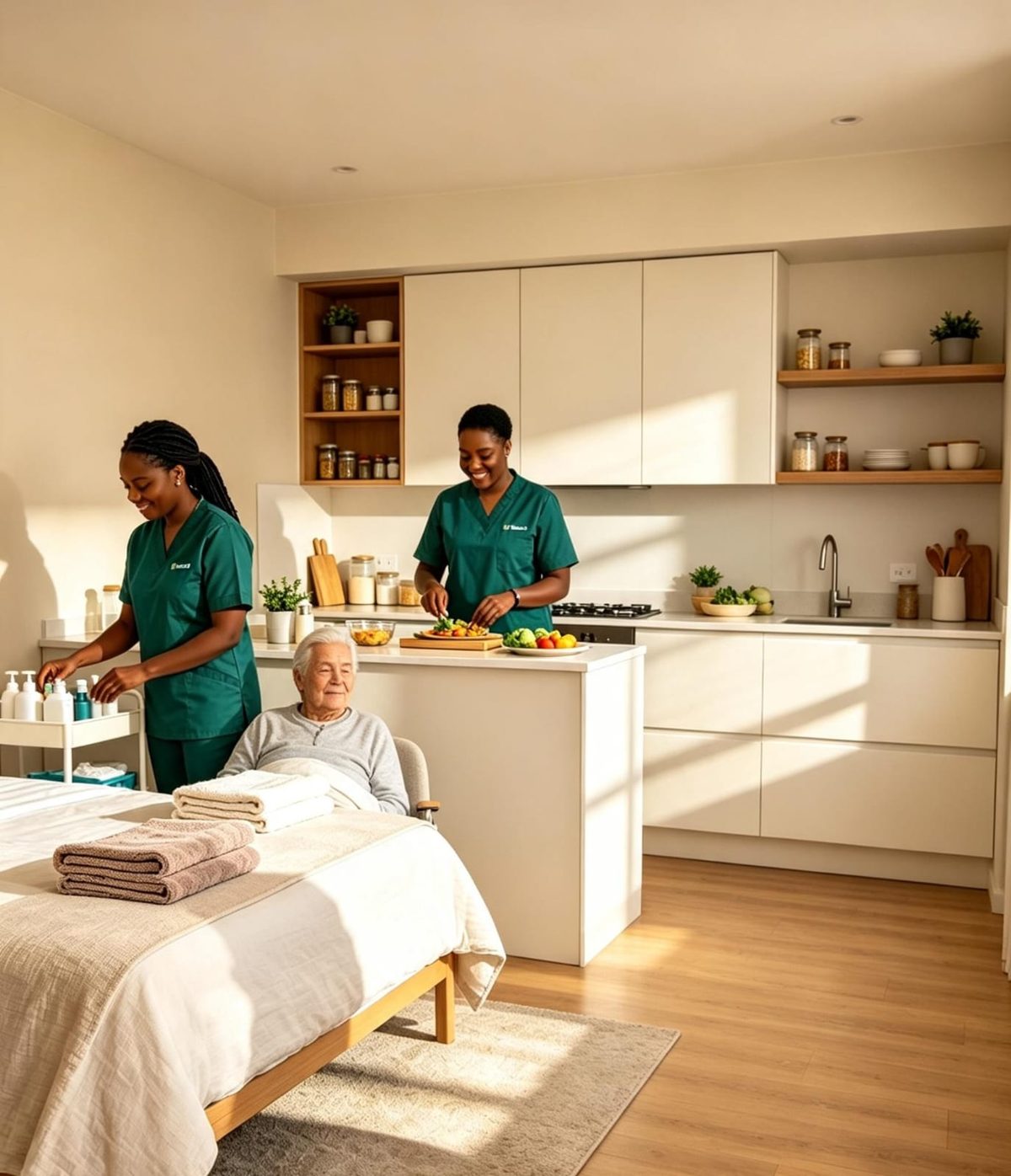 Carers looking after an elderly woman at home